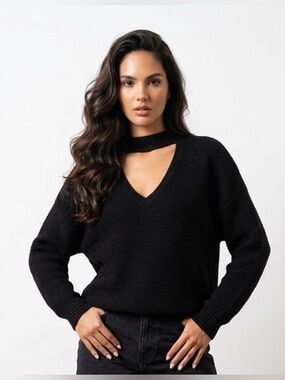 Petal & Pup oversized black knit sweater with front neck cut out